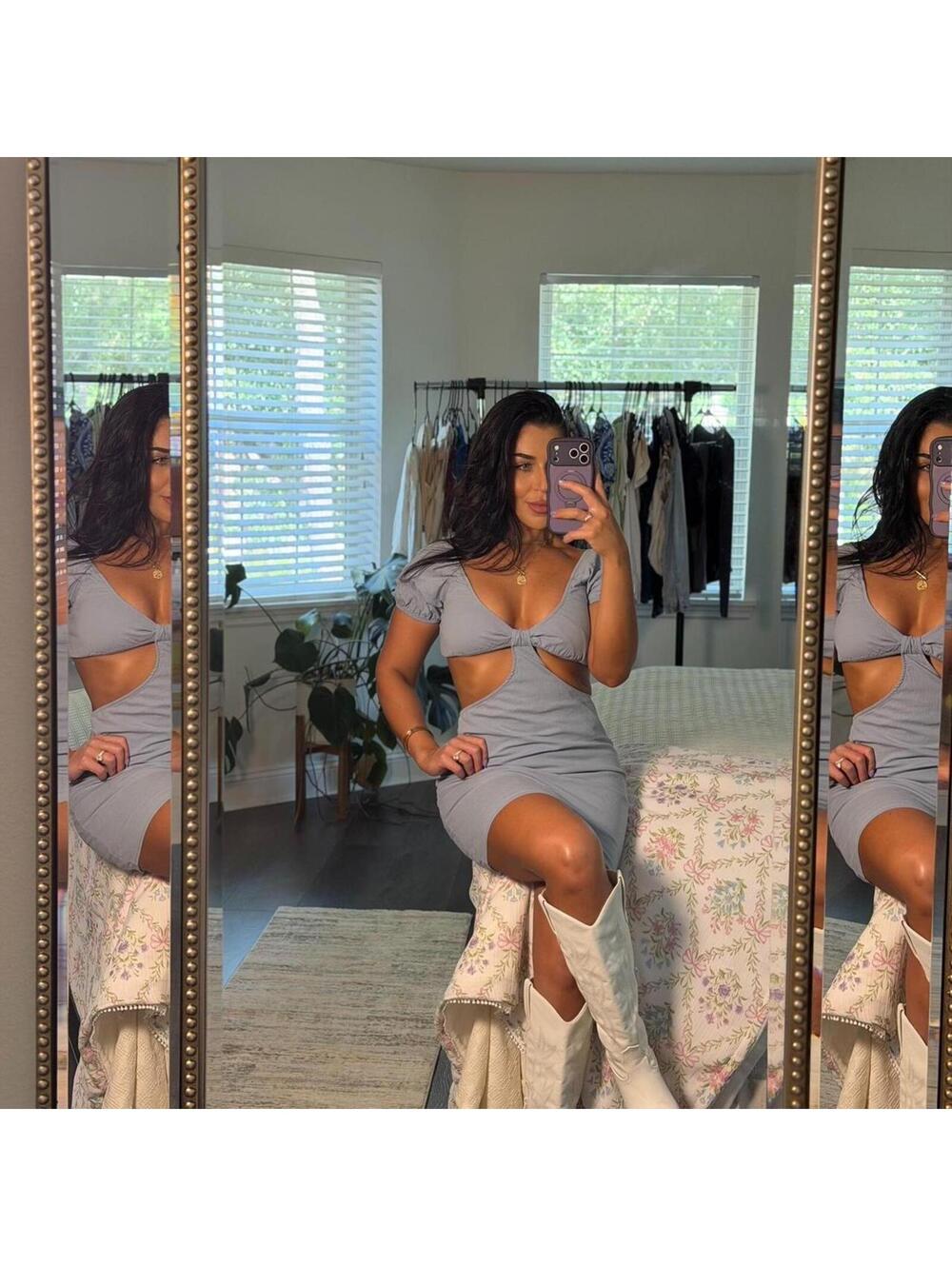 dusty blue bodycon dress with cut out on sides